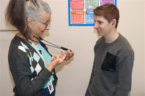  Elizabeth Winslow and Hayden Baker talk about assistive-hearing technology